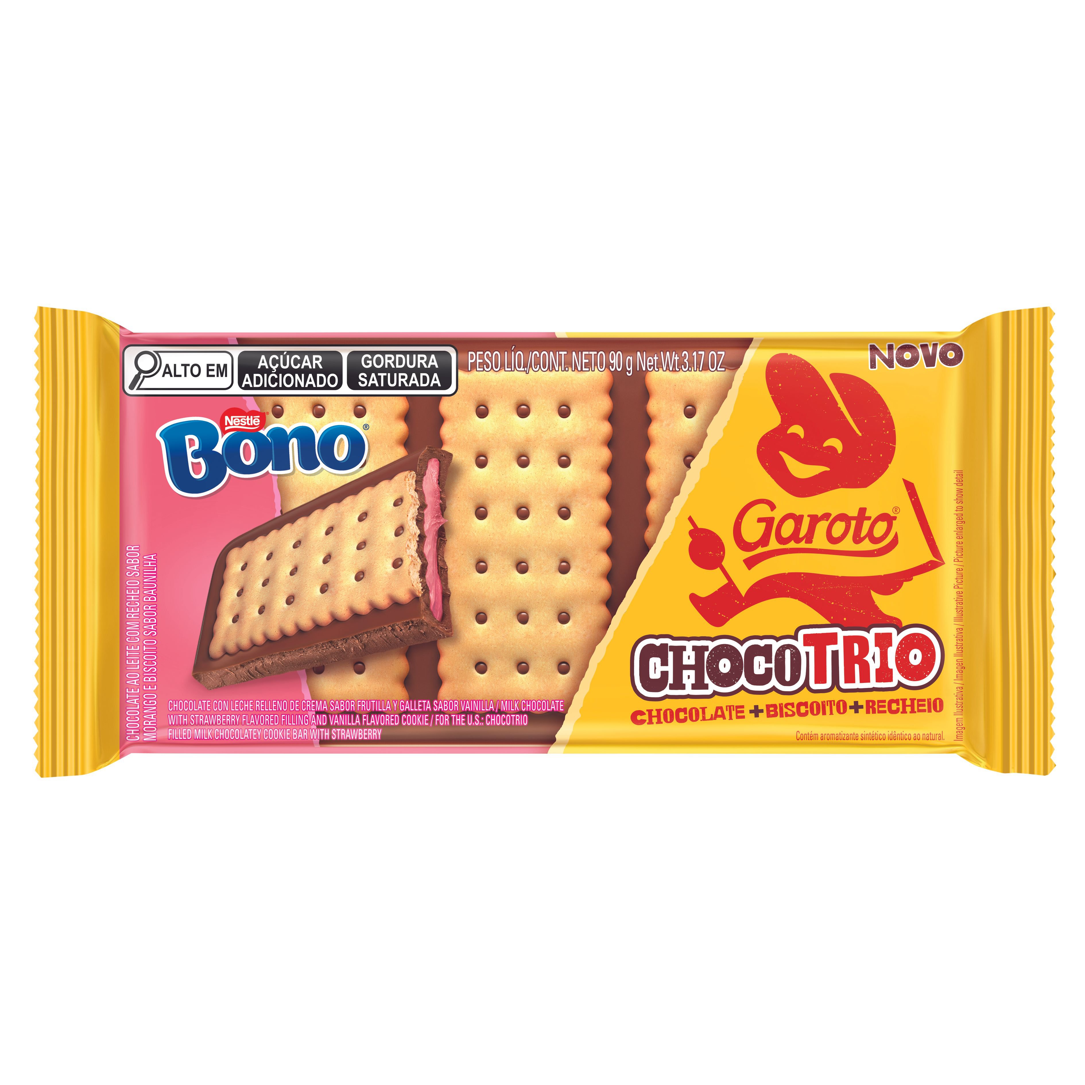 Chocolate Ao Leite Recheio Bono Morango E Biscoito De Baunilha Garoto Chocotrio Pacote 90G