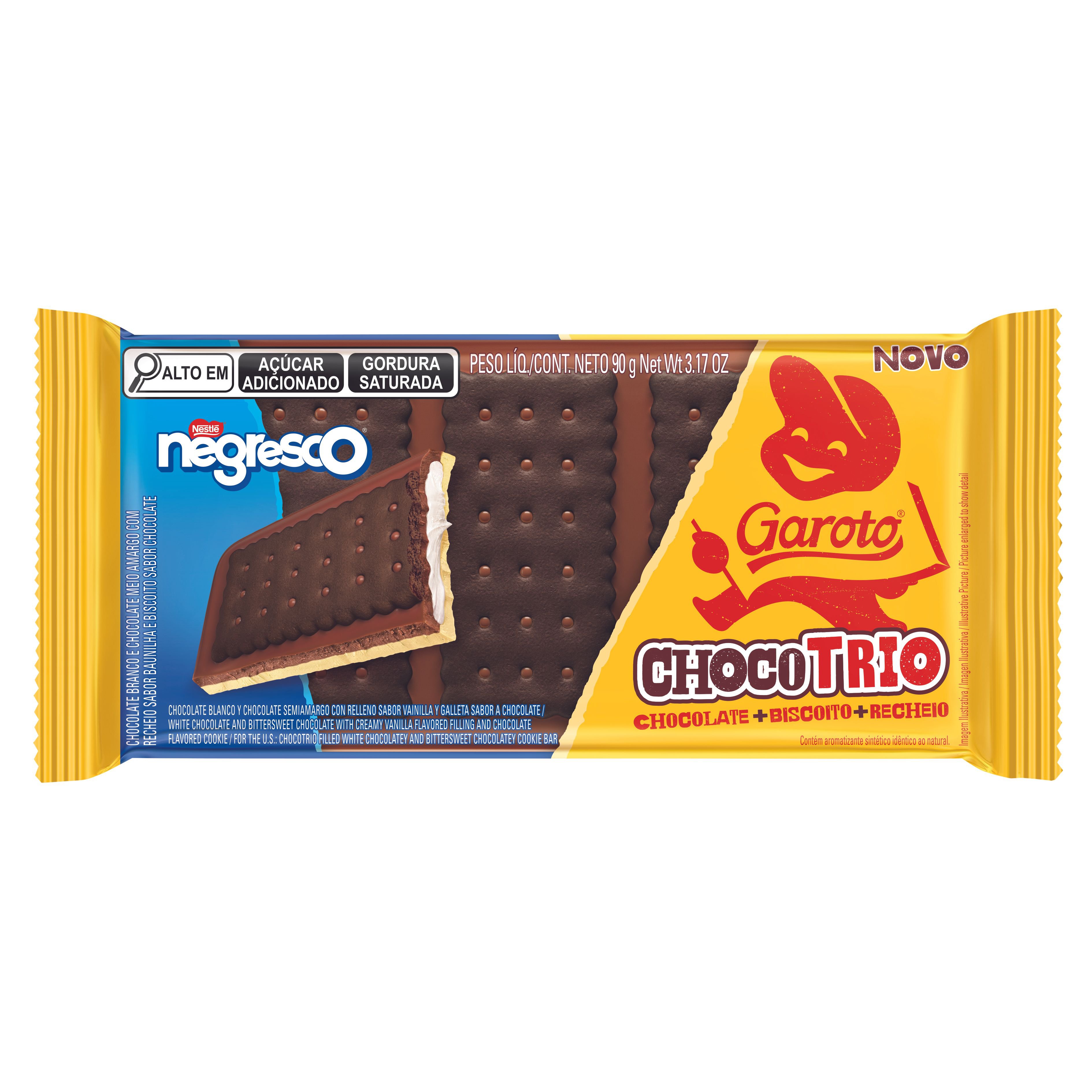 Chocolate Branco E Meio Amargo Recheio Negresco Baunilha E Biscoito De Chocolate Garoto Chocotrio Pacote 90G